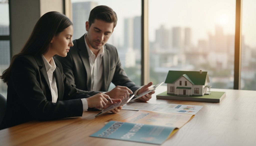 A visually engaging scene depicting the essence of real estate terms in the United States. In the foreground, a diverse group of three professionals in business attire is gathered around a modern, stylish table, reviewing home listings on sleek tablets and paperwork. The middle ground includes an elegant house model and colorful brochures showcasing key real estate terms like "escrow," "appraisal," and "open house." In the background, a well-lit office space features a large window with city views, allowing warm natural light to spill in, creating a welcoming atmosphere. The composition is shot with a shallow depth of field to emphasize the professionals' focused expressions, highlighting their engagement with the subject matter. The overall mood is informative and collaborative, reflecting the journey of understanding home listings. A visually engaging scene depicting the essence of real estate terms in the United States. In the foreground, a diverse group of three professionals in business attire is gathered around a modern, stylish table, reviewing home listings on sleek tablets and paperwork. The middle ground includes an elegant house model and colorful brochures showcasing key real estate terms like "escrow," "appraisal," and "open house." In the background, a well-lit office space features a large window with city views, allowing warm natural light to spill in, creating a welcoming atmosphere. The composition is shot with a shallow depth of field to emphasize the professionals' focused expressions, highlighting their engagement with the subject matter. The overall mood is informative and collaborative, reflecting the journey of understanding home listings.