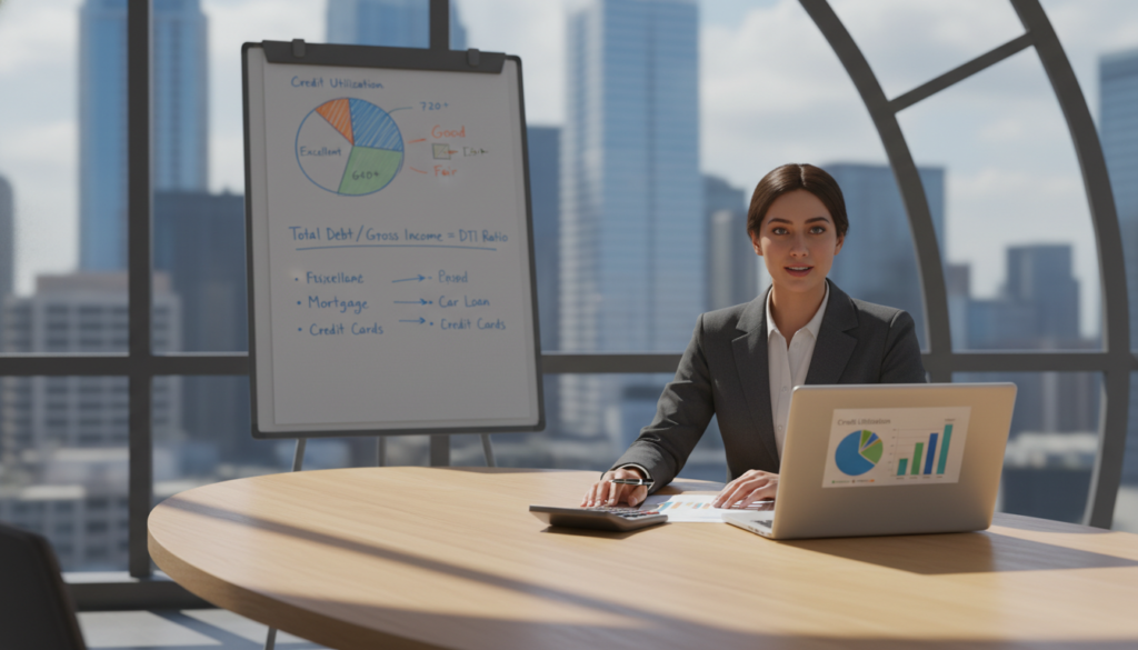 A visually engaging scene illustrating "credit and DTI" in a professional setting. In the foreground, a confident financial consultant in a tailored suit is seated at a modern conference table, surrounded by documents, a calculator, and a laptop displaying financial graphs. The middle ground features a large whiteboard filled with colorful charts and numbers detailing credit scores and debt-to-income ratios. In the background, a large window allows natural light to filter in, illuminating a city skyline, symbolizing opportunity and growth. The atmosphere is serious yet optimistic, emphasizing financial literacy and readiness. The composition should be captured with a shallow depth of field, focusing on the consultant while softly blurring the background. A visually engaging scene illustrating "credit and DTI" in a professional setting. In the foreground, a confident financial consultant in a tailored suit is seated at a modern conference table, surrounded by documents, a calculator, and a laptop displaying financial graphs. The middle ground features a large whiteboard filled with colorful charts and numbers detailing credit scores and debt-to-income ratios. In the background, a large window allows natural light to filter in, illuminating a city skyline, symbolizing opportunity and growth. The atmosphere is serious yet optimistic, emphasizing financial literacy and readiness. The composition should be captured with a shallow depth of field, focusing on the consultant while softly blurring the background.