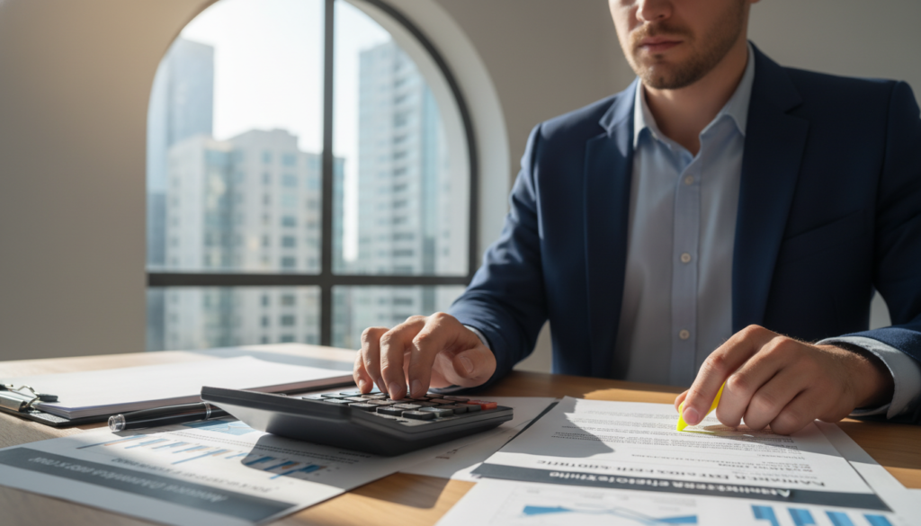 A visually engaging scene illustrating the concept of Annual Percentage Rate (APR) in mortgages. In the foreground, a calculator displaying interest rates and mortgage calculations, surrounded by neatly stacked paperwork and a pen. In the middle ground, a professional-looking individual in business attire, thoughtfully analyzing the documents and tapping the calculator. The background features a blurred office setting with a large window, allowing natural light to fill the space, creating an atmosphere of focus and clarity. Soft shadows play across the surfaces, enhancing the sense of depth. The overall mood should be one of professionalism and understanding, emphasizing the importance of APR in financial decision-making. A visually engaging scene illustrating the concept of Annual Percentage Rate (APR) in mortgages. In the foreground, a calculator displaying interest rates and mortgage calculations, surrounded by neatly stacked paperwork and a pen. In the middle ground, a professional-looking individual in business attire, thoughtfully analyzing the documents and tapping the calculator. The background features a blurred office setting with a large window, allowing natural light to fill the space, creating an atmosphere of focus and clarity. Soft shadows play across the surfaces, enhancing the sense of depth. The overall mood should be one of professionalism and understanding, emphasizing the importance of APR in financial decision-making.