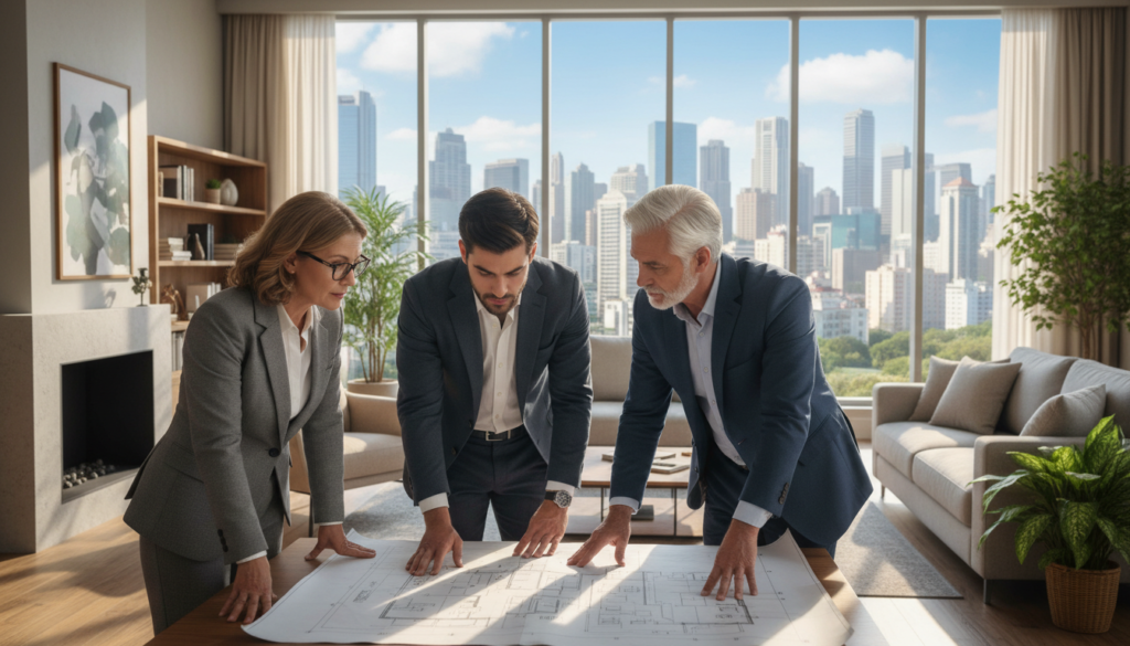 A visually engaging scene illustrating the core benefits of real estate investing. In the foreground, a diverse group of three professionals in smart business attire, a middle-aged woman, a young man, and a senior man, are discussing plans over a blueprint of a modern residential property, showcasing focus and collaboration. In the middle, a well-decorated living room with large windows letting natural light flood in, displaying comfortable furniture and vibrant houseplants, symbolizing comfort and stability. In the background, a city skyline filled with high-rise buildings under a bright blue sky, suggesting growth and opportunity. The mood is optimistic and inspiring, with soft, warm lighting highlighting their enthusiasm and the potential of real estate investment. A visually engaging scene illustrating the core benefits of real estate investing. In the foreground, a diverse group of three professionals in smart business attire, a middle-aged woman, a young man, and a senior man, are discussing plans over a blueprint of a modern residential property, showcasing focus and collaboration. In the middle, a well-decorated living room with large windows letting natural light flood in, displaying comfortable furniture and vibrant houseplants, symbolizing comfort and stability. In the background, a city skyline filled with high-rise buildings under a bright blue sky, suggesting growth and opportunity. The mood is optimistic and inspiring, with soft, warm lighting highlighting their enthusiasm and the potential of real estate investment.