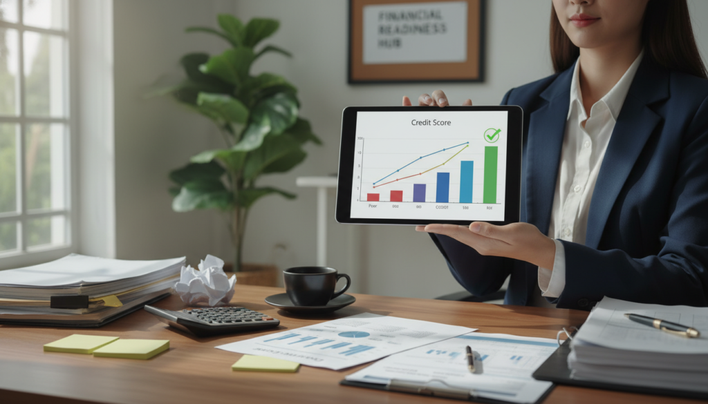 A visually engaging scene representing a "credit score" concept, focused on financial readiness. In the foreground, a professional woman in business attire is reviewing a digital tablet displaying a colorful graph of credit scores, surrounded by financial documents. In the middle, a desk is cluttered with paperwork, a calculator, and a cup of coffee, symbolizing the loan approval process. In the background, a calm office setting features soft, natural lighting streaming through a window, casting gentle shadows. The atmosphere is one of determination and focus, reflecting a serious but hopeful approach to personal finance, ideal for illustrating the assessment of financial readiness. A visually engaging scene representing a "credit score" concept, focused on financial readiness. In the foreground, a professional woman in business attire is reviewing a digital tablet displaying a colorful graph of credit scores, surrounded by financial documents. In the middle, a desk is cluttered with paperwork, a calculator, and a cup of coffee, symbolizing the loan approval process. In the background, a calm office setting features soft, natural lighting streaming through a window, casting gentle shadows. The atmosphere is one of determination and focus, reflecting a serious but hopeful approach to personal finance, ideal for illustrating the assessment of financial readiness.