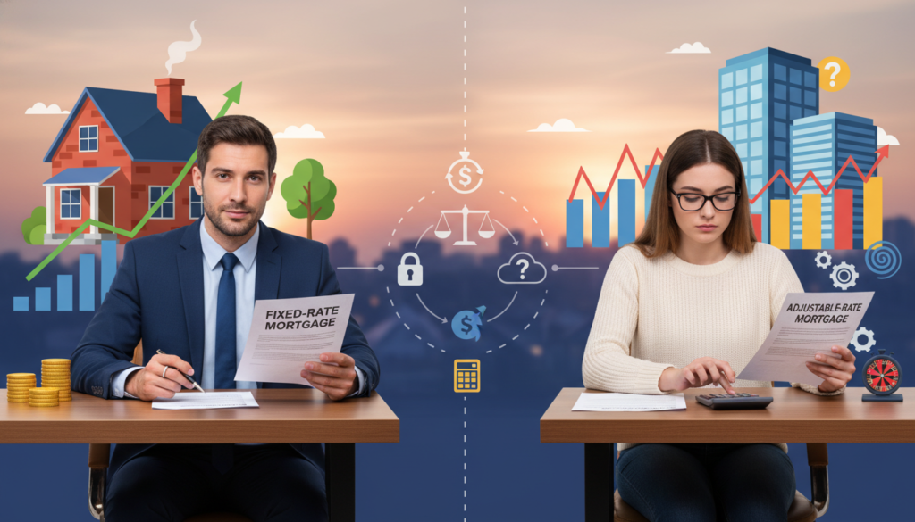 A visually engaging split-image composition illustrating the comparison between fixed-rate and adjustable-rate mortgages. In the foreground, on the left, represent a confident professional in business attire, analyzing a fixed-rate mortgage document with a steady expression, surrounded by illustrations of stability, such as a brick house and steady growth graphs. On the right, portray a thoughtful individual in smart casual wear, studying an adjustable-rate mortgage with fluctuating graphs and a calculator, conveying a sense of dynamism. The middle ground should include a subtle transition of financial symbols emphasizing the differences between the two mortgage types. In the background, create a soft focus of a suburban skyline at sunrise, symbolizing opportunity and stability. Use warm, inviting lighting to evoke a sense of hope and informed decision-making. A visually engaging split-image composition illustrating the comparison between fixed-rate and adjustable-rate mortgages. In the foreground, on the left, represent a confident professional in business attire, analyzing a fixed-rate mortgage document with a steady expression, surrounded by illustrations of stability, such as a brick house and steady growth graphs. On the right, portray a thoughtful individual in smart casual wear, studying an adjustable-rate mortgage with fluctuating graphs and a calculator, conveying a sense of dynamism. The middle ground should include a subtle transition of financial symbols emphasizing the differences between the two mortgage types. In the background, create a soft focus of a suburban skyline at sunrise, symbolizing opportunity and stability. Use warm, inviting lighting to evoke a sense of hope and informed decision-making.