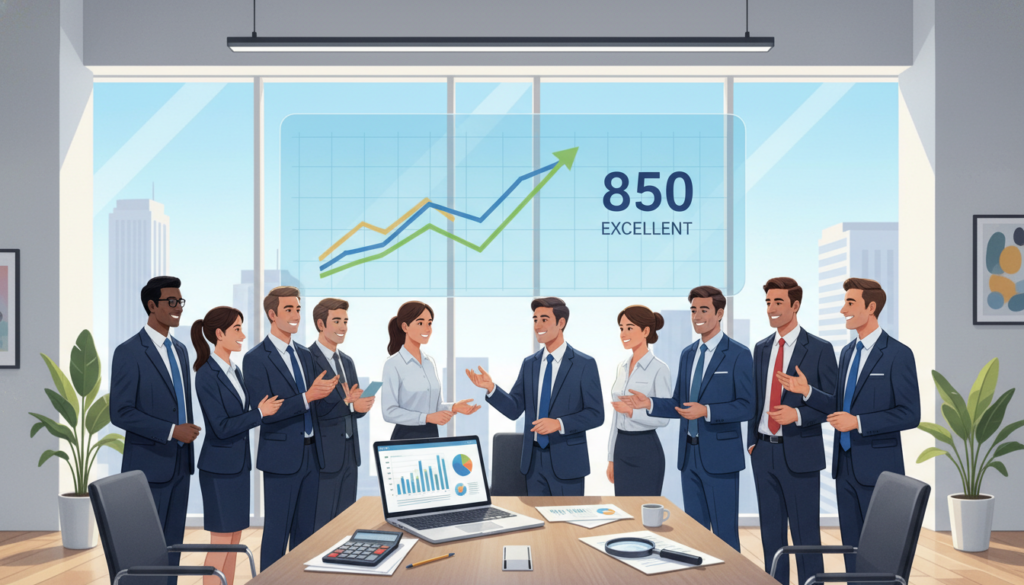 A visually striking illustration representing the concept of "credit score." In the foreground, a diverse group of professionals dressed in smart business attire gather around a large digital display showing an upward-trending credit score graph with vibrant colors. In the middle ground, financial charts, calculator, and credit report documents are arranged on a sleek conference table, symbolizing the analysis of credit fundamentals. The background features a modern, well-lit office environment with large windows allowing natural light to flood in, creating a bright and optimistic atmosphere. The entire scene conveys a sense of motivation and collaboration, emphasizing the importance of understanding credit in a professional setting. A visually striking illustration representing the concept of "credit score." In the foreground, a diverse group of professionals dressed in smart business attire gather around a large digital display showing an upward-trending credit score graph with vibrant colors. In the middle ground, financial charts, calculator, and credit report documents are arranged on a sleek conference table, symbolizing the analysis of credit fundamentals. The background features a modern, well-lit office environment with large windows allowing natural light to flood in, creating a bright and optimistic atmosphere. The entire scene conveys a sense of motivation and collaboration, emphasizing the importance of understanding credit in a professional setting.
