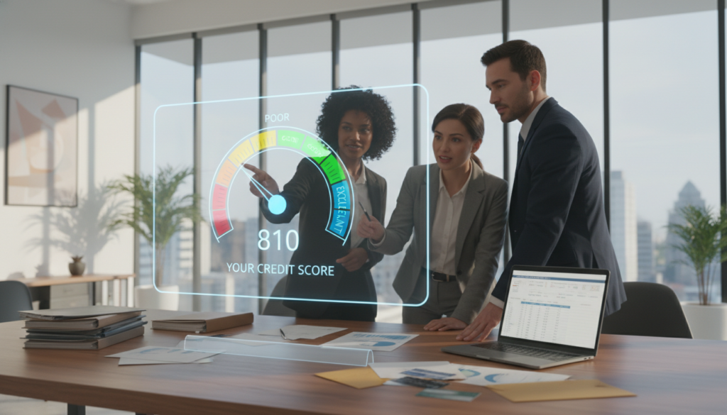 A visually striking image representing the concept of "credit score." In the foreground, a diverse group of three professionals stands together, focused on an interactive digital display showing a colorful gauge of credit scores, with ranges marked from poor to excellent. The middle ground features stacks of financial documents, credit cards, and a computer, symbolizing the elements that affect credit scores. The background illustrates a modern office setting with glass walls and soft natural light streaming in, creating a warm and professional atmosphere. The mood is one of clarity and empowerment, reflecting the importance of understanding credit scores. Use a high-resolution format with a focal length that emphasizes the group's engagement with the display. A visually striking image representing the concept of "credit score." In the foreground, a diverse group of three professionals stands together, focused on an interactive digital display showing a colorful gauge of credit scores, with ranges marked from poor to excellent. The middle ground features stacks of financial documents, credit cards, and a computer, symbolizing the elements that affect credit scores. The background illustrates a modern office setting with glass walls and soft natural light streaming in, creating a warm and professional atmosphere. The mood is one of clarity and empowerment, reflecting the importance of understanding credit scores. Use a high-resolution format with a focal length that emphasizes the group's engagement with the display.