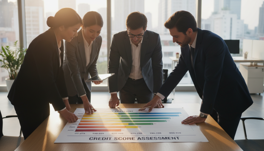 A visually striking representation of a "credit score," focusing on a credit report shown prominently in the foreground, revealing colorful graphs and numbers rated from poor to excellent. In the middle, depict a diverse group of professionals in business attire examining the report together, portraying a sense of collaboration and discussion about financial preparation. The background should feature a soft-focus of a modern office environment with light streaming in through large windows, creating a bright and optimistic atmosphere. Use natural lighting to enhance the clarity of the documents while maintaining a warm ambiance. The angle should offer a slight overhead perspective, emphasizing the importance of teamwork in preparing finances for homeownership. A visually striking representation of a "credit score," focusing on a credit report shown prominently in the foreground, revealing colorful graphs and numbers rated from poor to excellent. In the middle, depict a diverse group of professionals in business attire examining the report together, portraying a sense of collaboration and discussion about financial preparation. The background should feature a soft-focus of a modern office environment with light streaming in through large windows, creating a bright and optimistic atmosphere. Use natural lighting to enhance the clarity of the documents while maintaining a warm ambiance. The angle should offer a slight overhead perspective, emphasizing the importance of teamwork in preparing finances for homeownership.