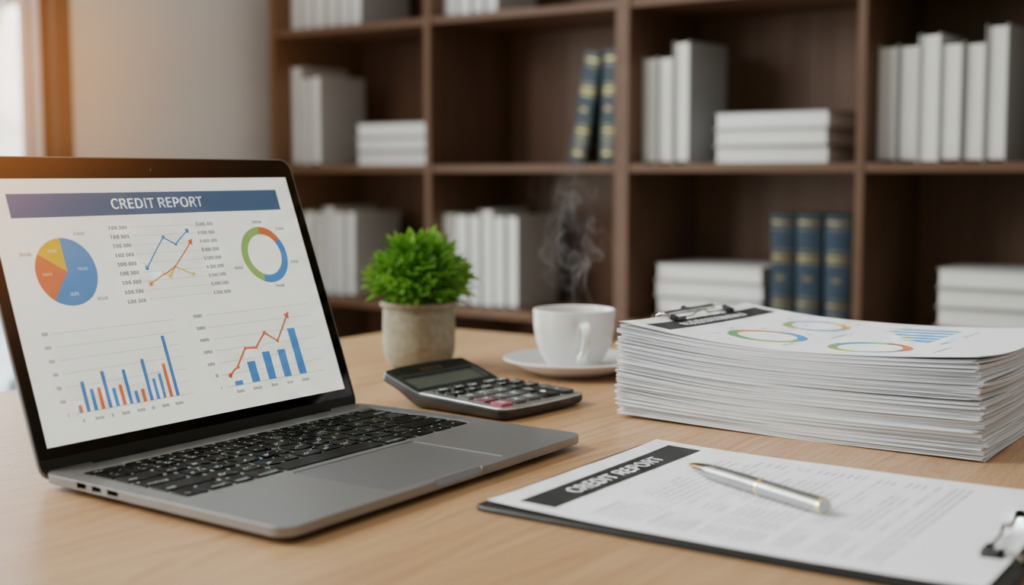 A visually striking representation of credit history, focusing on a professional's desk setting. In the foreground, an open laptop displays graphs and figures related to credit scores, with colorful pie charts and line graphs neatly arranged. Beside it, a stack of financial documents titled "Credit Report" sits, surrounded by a sleek calculator and a pen. The middle ground features a well-organized workspace with a potted plant and a coffee cup, adding a touch of warmth. In the background, softly blurred shelves filled with finance books hint at a knowledgeable environment. The lighting is bright yet soft, emanating from a window, creating an inviting and focused atmosphere. The mood conveys professionalism, emphasizing the importance of evaluating credit history in the home loan process. A visually striking representation of credit history, focusing on a professional's desk setting. In the foreground, an open laptop displays graphs and figures related to credit scores, with colorful pie charts and line graphs neatly arranged. Beside it, a stack of financial documents titled "Credit Report" sits, surrounded by a sleek calculator and a pen. The middle ground features a well-organized workspace with a potted plant and a coffee cup, adding a touch of warmth. In the background, softly blurred shelves filled with finance books hint at a knowledgeable environment. The lighting is bright yet soft, emanating from a window, creating an inviting and focused atmosphere. The mood conveys professionalism, emphasizing the importance of evaluating credit history in the home loan process.