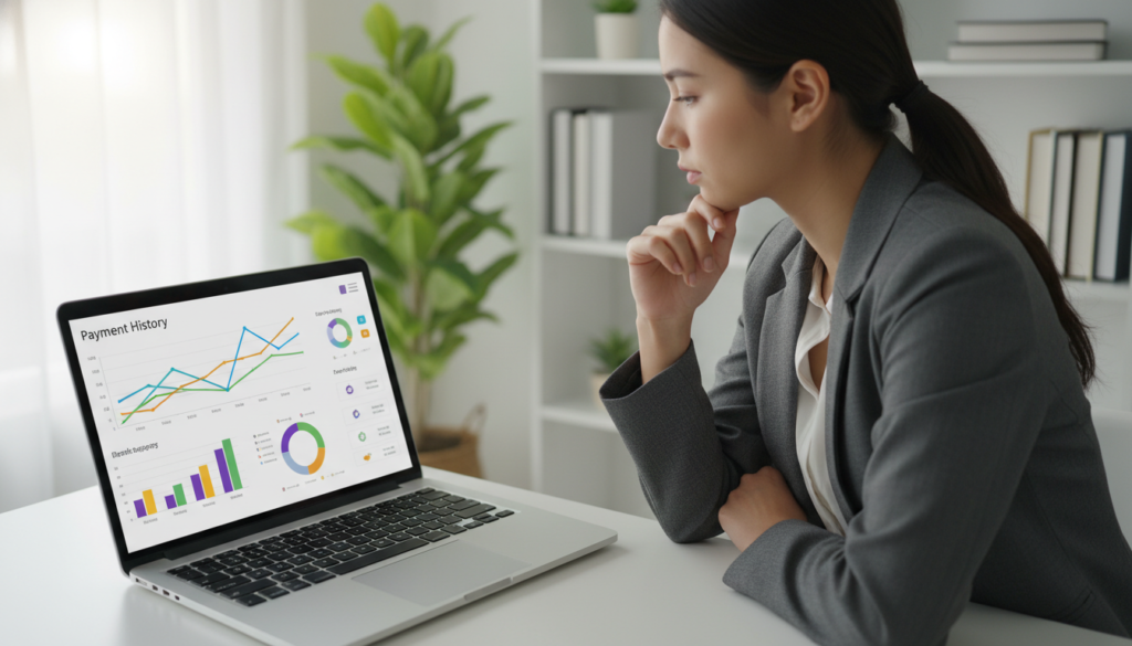 A visually striking representation of payment history, featuring a detailed digital interface displaying graphs and charts. The foreground includes a modern laptop with an open financial dashboard, showcasing colorful line graphs and bar charts illustrating payment trends over time. In the middle layer, a professional in business attire, located to the right, intently studies the data on the screen. The background features a softly blurred office environment with subtle hints of plants and bookshelves, enhancing a sense of productivity and focus. The lighting is bright and even, creating a clear, inviting atmosphere. The angle is a slight top-down view, emphasizing the connection between the subject and the digital data. The overall mood is professional and informative, perfect for illustrating the importance of payment history in financial health. A visually striking representation of payment history, featuring a detailed digital interface displaying graphs and charts. The foreground includes a modern laptop with an open financial dashboard, showcasing colorful line graphs and bar charts illustrating payment trends over time. In the middle layer, a professional in business attire, located to the right, intently studies the data on the screen. The background features a softly blurred office environment with subtle hints of plants and bookshelves, enhancing a sense of productivity and focus. The lighting is bright and even, creating a clear, inviting atmosphere. The angle is a slight top-down view, emphasizing the connection between the subject and the digital data. The overall mood is professional and informative, perfect for illustrating the importance of payment history in financial health.