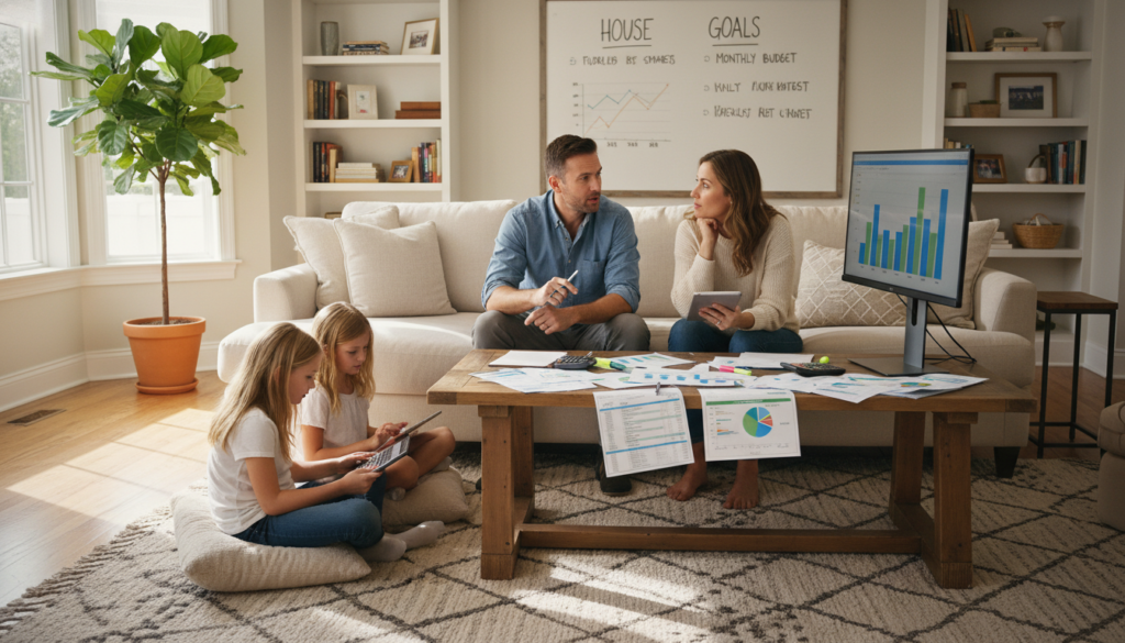 A warm, inviting living room scene focused on a family of four sitting together around a wooden coffee table covered with colorful budgeting spreadsheets and calculators. The father, dressed in a professional business shirt, and the mother, in modest casual clothing, are discussing financial plans, while their two children are engaged, looking at a tablet with charts displayed. The background features a cozy, well-decorated home, with natural light pouring in through a large window, casting soft shadows. A potted plant in the corner adds a touch of greenery, enhancing the atmosphere of warmth and family togetherness. The image conveys a sense of calm determination and organization, illustrating the essence of mastering budgeting for a house in the USA. A warm, inviting living room scene focused on a family of four sitting together around a wooden coffee table covered with colorful budgeting spreadsheets and calculators. The father, dressed in a professional business shirt, and the mother, in modest casual clothing, are discussing financial plans, while their two children are engaged, looking at a tablet with charts displayed. The background features a cozy, well-decorated home, with natural light pouring in through a large window, casting soft shadows. A potted plant in the corner adds a touch of greenery, enhancing the atmosphere of warmth and family togetherness. The image conveys a sense of calm determination and organization, illustrating the essence of mastering budgeting for a house in the USA.