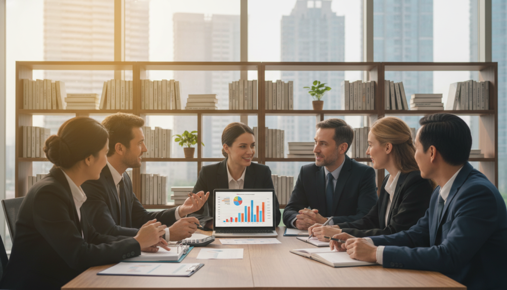 A welcoming and professional scene illustrating the concept of financial literacy. In the foreground, a diverse group of people in professional business attire, engaged in animated discussion around a large table filled with financial documents, calculators, and a laptop displaying graphs and charts. The middle ground showcases a well-organized office environment, with shelves of books on finance, investments, and personal budgeting. The background features a large window through which warm, natural light pours in, illuminating the space and creating a positive, optimistic atmosphere. The angle is slightly elevated, capturing both the details of the table and the faces of the participants, reflecting engagement and collaboration in learning. The overall mood is one of empowerment and knowledge-sharing, emphasizing the importance of understanding financial concepts. A welcoming and professional scene illustrating the concept of financial literacy. In the foreground, a diverse group of people in professional business attire, engaged in animated discussion around a large table filled with financial documents, calculators, and a laptop displaying graphs and charts. The middle ground showcases a well-organized office environment, with shelves of books on finance, investments, and personal budgeting. The background features a large window through which warm, natural light pours in, illuminating the space and creating a positive, optimistic atmosphere. The angle is slightly elevated, capturing both the details of the table and the faces of the participants, reflecting engagement and collaboration in learning. The overall mood is one of empowerment and knowledge-sharing, emphasizing the importance of understanding financial concepts.