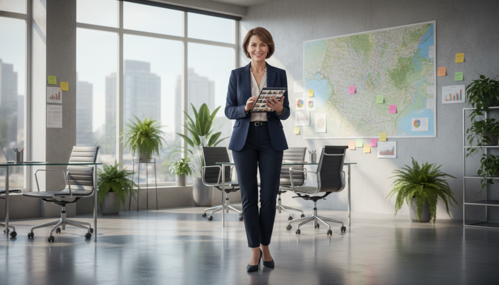 A well-dressed real estate agent, a middle-aged woman with short brown hair, stands confidently in the foreground, holding a tablet displaying MLS listings. She is in a modern office environment, featuring sleek furniture and large windows that allow natural light to flood in. In the middle ground, a large map of the local area is pinned on the wall, surrounded by several notes and market analysis charts. The background contains lush green plants that bring a touch of nature indoors, enhancing the professional atmosphere. The lighting is bright and inviting, imbuing the scene with a sense of opportunity and warmth. The overall mood is optimistic and focused on professionalism in real estate. A well-dressed real estate agent, a middle-aged woman with short brown hair, stands confidently in the foreground, holding a tablet displaying MLS listings. She is in a modern office environment, featuring sleek furniture and large windows that allow natural light to flood in. In the middle ground, a large map of the local area is pinned on the wall, surrounded by several notes and market analysis charts. The background contains lush green plants that bring a touch of nature indoors, enhancing the professional atmosphere. The lighting is bright and inviting, imbuing the scene with a sense of opportunity and warmth. The overall mood is optimistic and focused on professionalism in real estate.