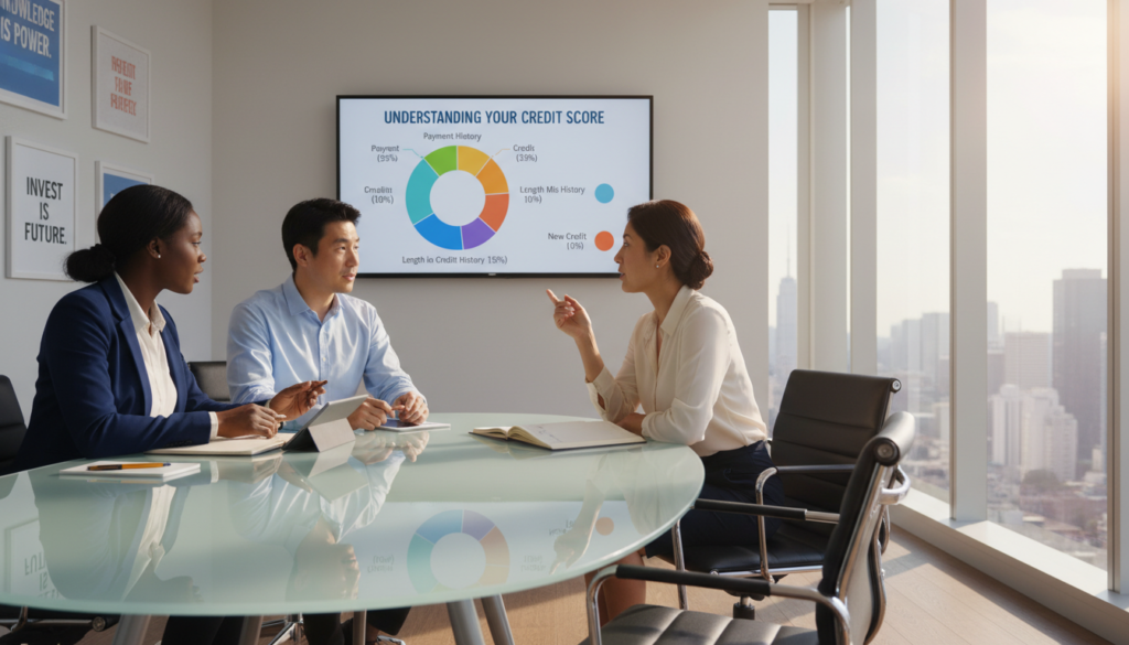 A well-lit modern office environment with a professional atmosphere. In the foreground, a diverse group of three business people—one Black woman in a smart blazer, one Asian man in a dress shirt, and one Hispanic woman in a conservative top—are gathered around a sleek conference table, engaged in a discussion about credit scores. In the middle ground, a large digital screen displays a colorful, simplified graph illustrating credit score components such as payment history, credit utilization, and length of credit history. The background features a wall with motivational financial quotes and a large window providing natural light and a view of a cityscape. The image should convey a sense of collaboration and focus on financial literacy, with bright, warm lighting to enhance clarity and engagement. A well-lit modern office environment with a professional atmosphere. In the foreground, a diverse group of three business people—one Black woman in a smart blazer, one Asian man in a dress shirt, and one Hispanic woman in a conservative top—are gathered around a sleek conference table, engaged in a discussion about credit scores. In the middle ground, a large digital screen displays a colorful, simplified graph illustrating credit score components such as payment history, credit utilization, and length of credit history. The background features a wall with motivational financial quotes and a large window providing natural light and a view of a cityscape. The image should convey a sense of collaboration and focus on financial literacy, with bright, warm lighting to enhance clarity and engagement.