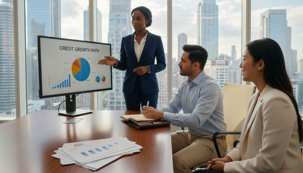 A well-lit, modern office scene showcasing a diverse group of three professionals discussing credit score improvement strategies around a sleek table. The foreground features a stack of financial documents with graphs and charts depicting credit scores. In the middle, one professional, a Black woman in a smart suit, points at a colorful chart, while a Hispanic man in business casual attire takes notes. The background reveals a large window with a view of a city skyline, implying opportunity and growth. Warm natural light floods the room, creating an encouraging atmosphere. The overall mood is optimistic and focused, reflecting collaborative efforts to achieve better financial health. A well-lit, modern office scene showcasing a diverse group of three professionals discussing credit score improvement strategies around a sleek table. The foreground features a stack of financial documents with graphs and charts depicting credit scores. In the middle, one professional, a Black woman in a smart suit, points at a colorful chart, while a Hispanic man in business casual attire takes notes. The background reveals a large window with a view of a city skyline, implying opportunity and growth. Warm natural light floods the room, creating an encouraging atmosphere. The overall mood is optimistic and focused, reflecting collaborative efforts to achieve better financial health.