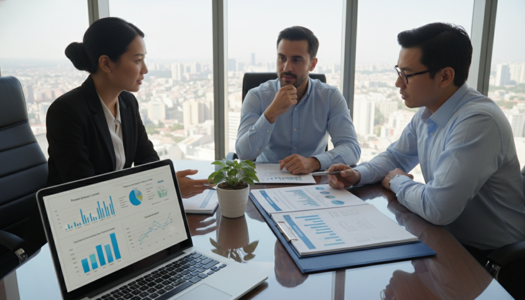 A well-lit, modern office setting where a diverse group of three professionals, two men and one woman, are sitting around a sleek conference table discussing personal loans. In the foreground, a laptop displays graphs and financial data related to loan options. The middle ground features open folders with documents outlining loan terms and conditions, while a potted plant adds a touch of warmth. The background shows a large window revealing a city skyline. The atmosphere is focused and collaborative, with a sense of clarity and understanding in their expressions. The lighting is bright and natural, enhancing the sense of professionalism and engagement, shot from a slightly elevated angle to capture the interaction. A well-lit, modern office setting where a diverse group of three professionals, two men and one woman, are sitting around a sleek conference table discussing personal loans. In the foreground, a laptop displays graphs and financial data related to loan options. The middle ground features open folders with documents outlining loan terms and conditions, while a potted plant adds a touch of warmth. The background shows a large window revealing a city skyline. The atmosphere is focused and collaborative, with a sense of clarity and understanding in their expressions. The lighting is bright and natural, enhancing the sense of professionalism and engagement, shot from a slightly elevated angle to capture the interaction.