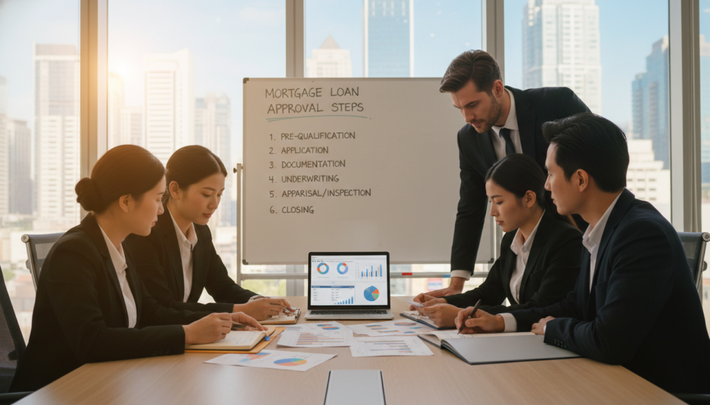 A well-lit office setting showcasing the mortgage loan approval process. In the foreground, a diverse group of professionals in business attire are engaged in a discussion around a sleek conference table, with documents and financial charts spread out. In the middle ground, a laptop displays a financial dashboard, while a whiteboard behind them illustrates key loan approval steps, such as pre-qualification and underwriting. The background shows a large window allowing natural light, revealing a cityscape. The atmosphere conveys focus and collaboration, with warm, inviting lighting enhancing a sense of professionalism. The angle captures the team’s engagement, emphasizing their commitment to helping clients through the mortgage journey. A well-lit office setting showcasing the mortgage loan approval process. In the foreground, a diverse group of professionals in business attire are engaged in a discussion around a sleek conference table, with documents and financial charts spread out. In the middle ground, a laptop displays a financial dashboard, while a whiteboard behind them illustrates key loan approval steps, such as pre-qualification and underwriting. The background shows a large window allowing natural light, revealing a cityscape. The atmosphere conveys focus and collaboration, with warm, inviting lighting enhancing a sense of professionalism. The angle captures the team’s engagement, emphasizing their commitment to helping clients through the mortgage journey.