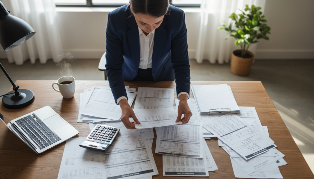A well-lit office space featuring a desk cluttered with financial documents, including tax returns, bank statements, and pay stubs. In the foreground, a focused individual, dressed in professional business attire, is sorting through these documents, with a calculator and a laptop open beside them. The middle ground includes a potted plant and a cup of coffee, adding a personal touch. In the background, a window lets in soft, natural light, casting gentle shadows. The atmosphere is organized yet busy, reflecting the seriousness of preparing for a mortgage application with a sense of determination and focus. The angle captures the scene from a slight bird's eye view, emphasizing the documents and the individual's concentration. A well-lit office space featuring a desk cluttered with financial documents, including tax returns, bank statements, and pay stubs. In the foreground, a focused individual, dressed in professional business attire, is sorting through these documents, with a calculator and a laptop open beside them. The middle ground includes a potted plant and a cup of coffee, adding a personal touch. In the background, a window lets in soft, natural light, casting gentle shadows. The atmosphere is organized yet busy, reflecting the seriousness of preparing for a mortgage application with a sense of determination and focus. The angle captures the scene from a slight bird's eye view, emphasizing the documents and the individual's concentration.