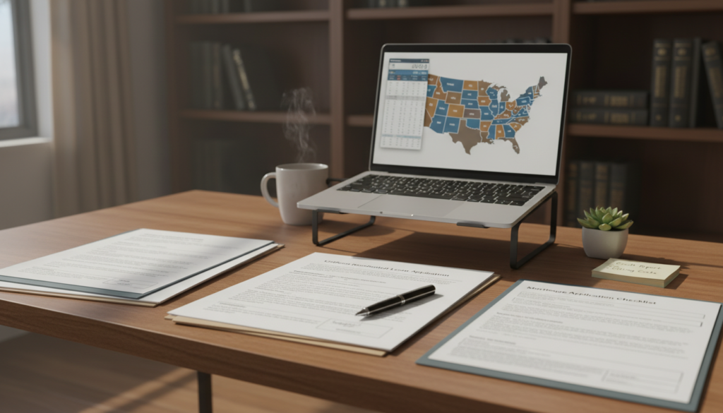 A well-organized desk filled with mortgage application documents in the foreground, including forms, checklists, and a pen, neatly arranged. In the middle ground, a laptop is open, displaying a financial calculator and a U.S. map, hinting at the mortgage process. The background features soft-focus bookshelves with finance and real estate books, creating an informative library atmosphere. Natural light streams in from a window on the left, casting gentle shadows that evoke a calm and productive mood. The scene should convey professionalism and clarity, emphasizing the significance of being well-prepared for the mortgage application process. A well-organized desk filled with mortgage application documents in the foreground, including forms, checklists, and a pen, neatly arranged. In the middle ground, a laptop is open, displaying a financial calculator and a U.S. map, hinting at the mortgage process. The background features soft-focus bookshelves with finance and real estate books, creating an informative library atmosphere. Natural light streams in from a window on the left, casting gentle shadows that evoke a calm and productive mood. The scene should convey professionalism and clarity, emphasizing the significance of being well-prepared for the mortgage application process.