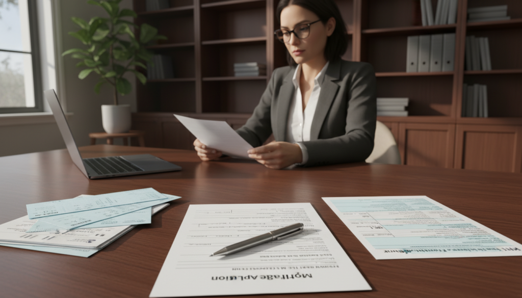 A well-organized desk scene depicting a mortgage application process. In the foreground, a neatly filled mortgage application form lies open, with a pen resting beside it. Scattered around are essential documents such as pay stubs, tax returns, and bank statements, showcasing the preparation process. In the middle, a professional individual dressed in business attire attentively reviews documents with a focused expression, highlighting the seriousness of the task. The background features a soft-lit office environment with bookshelves and a potted plant for a touch of warmth. The overall mood is one of professionalism and diligence, with natural light filtering through a window, creating a calm yet purposeful atmosphere. A well-organized desk scene depicting a mortgage application process. In the foreground, a neatly filled mortgage application form lies open, with a pen resting beside it. Scattered around are essential documents such as pay stubs, tax returns, and bank statements, showcasing the preparation process. In the middle, a professional individual dressed in business attire attentively reviews documents with a focused expression, highlighting the seriousness of the task. The background features a soft-lit office environment with bookshelves and a potted plant for a touch of warmth. The overall mood is one of professionalism and diligence, with natural light filtering through a window, creating a calm yet purposeful atmosphere.