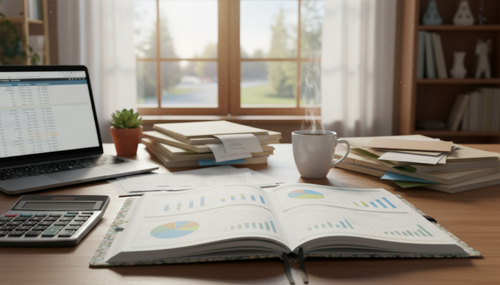 A well-organized home budget workspace, featuring a clean wooden desk with neatly arranged financial documents, a calculator, and a laptop displaying a budgeting spreadsheet. In the foreground, a visually appealing budget planner open to a detailed budgeting page with colorful charts and graphs. The middle ground showcases a cup of coffee and a small potted plant for a touch of greenery. In the background, a large window lets in warm, natural light, casting a soft glow across the room, creating a calm and focused atmosphere. The depth of field blurs the background slightly while keeping the budget planner in sharp focus, conveying a sense of clarity and purpose in financial planning. A well-organized home budget workspace, featuring a clean wooden desk with neatly arranged financial documents, a calculator, and a laptop displaying a budgeting spreadsheet. In the foreground, a visually appealing budget planner open to a detailed budgeting page with colorful charts and graphs. The middle ground showcases a cup of coffee and a small potted plant for a touch of greenery. In the background, a large window lets in warm, natural light, casting a soft glow across the room, creating a calm and focused atmosphere. The depth of field blurs the background slightly while keeping the budget planner in sharp focus, conveying a sense of clarity and purpose in financial planning.