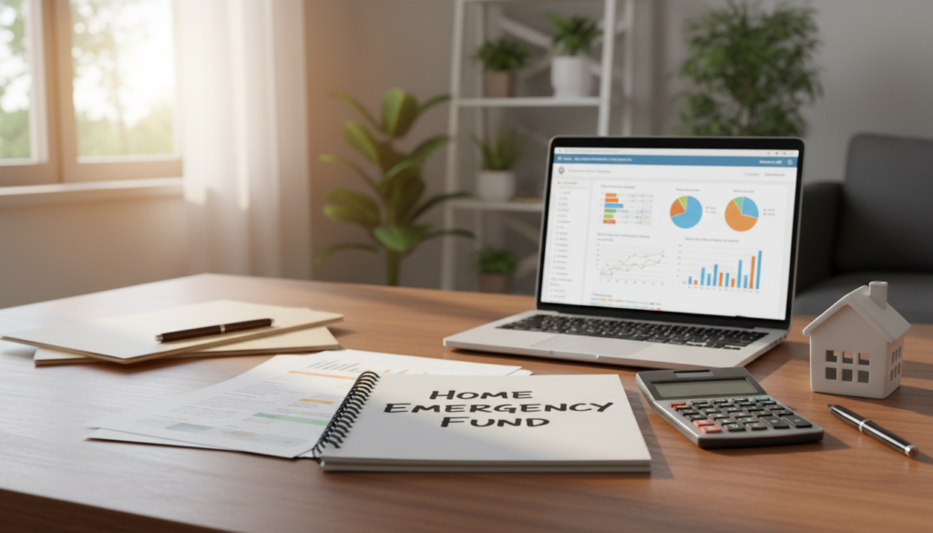 A well-organized home office displaying a financial readiness theme, in the foreground, featuring a wooden desk with a neatly stacked notebook labeled "Home Emergency Fund," alongside a calculator, pen, and a house model. In the middle ground, a laptop screen shows a budgeting spreadsheet with graphs related to saving for a home. The background showcases a cozy living room with potted plants and a window allowing soft, warm daylight to illuminate the scene, creating a welcoming and focused atmosphere. The overall mood is one of preparation and optimism, emphasizing financial responsibility and careful planning. Use a slight top-down angle to capture the desk’s clarity while maintaining a sense of the room's inviting environment. A well-organized home office displaying a financial readiness theme, in the foreground, featuring a wooden desk with a neatly stacked notebook labeled "Home Emergency Fund," alongside a calculator, pen, and a house model. In the middle ground, a laptop screen shows a budgeting spreadsheet with graphs related to saving for a home. The background showcases a cozy living room with potted plants and a window allowing soft, warm daylight to illuminate the scene, creating a welcoming and focused atmosphere. The overall mood is one of preparation and optimism, emphasizing financial responsibility and careful planning. Use a slight top-down angle to capture the desk’s clarity while maintaining a sense of the room's inviting environment.