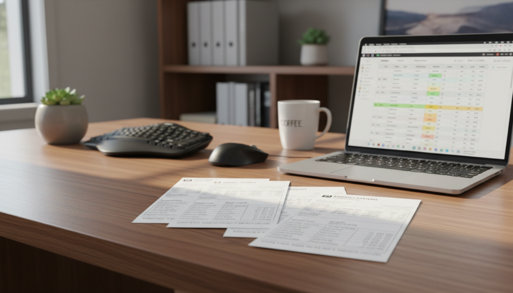A well-organized home office scene featuring several pay stubs spread out on a wooden desk. The foreground includes a neatly arranged stack of pay stubs, with a couple partially visible, showcasing various line items like gross income, taxes withheld, and net pay, all printed in clear detail. In the middle background, a modern laptop is open, displaying a spreadsheet, reflecting the meticulous nature of financial documentation. There is a small potted plant on one side, adding a touch of warmth. Soft natural light filters through a nearby window, casting gentle shadows that enhance the tranquil atmosphere. The overall mood is professional and focused, ideal for someone in the process of verifying income and employment status. A well-organized home office scene featuring several pay stubs spread out on a wooden desk. The foreground includes a neatly arranged stack of pay stubs, with a couple partially visible, showcasing various line items like gross income, taxes withheld, and net pay, all printed in clear detail. In the middle background, a modern laptop is open, displaying a spreadsheet, reflecting the meticulous nature of financial documentation. There is a small potted plant on one side, adding a touch of warmth. Soft natural light filters through a nearby window, casting gentle shadows that enhance the tranquil atmosphere. The overall mood is professional and focused, ideal for someone in the process of verifying income and employment status.