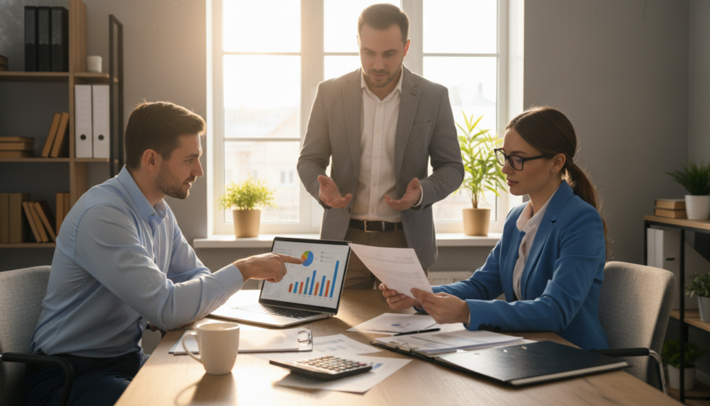A well-organized home office space featuring a diverse group of three professionals engaged in a discussion about financial readiness for a mortgage application. In the foreground, a woman in a smart business suit is reviewing documents, while a man in a casual yet professional shirt points to a financial chart on a laptop, indicating key figures. In the middle ground, there is a table cluttered with financial papers, a calculator, and a coffee cup, creating an atmosphere of productivity. The background shows a large window letting in soft, natural light, illuminating the room with a warm, inviting glow. The overall mood is focused and collaborative, emphasizing preparation and understanding in the financial journey. A well-organized home office space featuring a diverse group of three professionals engaged in a discussion about financial readiness for a mortgage application. In the foreground, a woman in a smart business suit is reviewing documents, while a man in a casual yet professional shirt points to a financial chart on a laptop, indicating key figures. In the middle ground, there is a table cluttered with financial papers, a calculator, and a coffee cup, creating an atmosphere of productivity. The background shows a large window letting in soft, natural light, illuminating the room with a warm, inviting glow. The overall mood is focused and collaborative, emphasizing preparation and understanding in the financial journey.