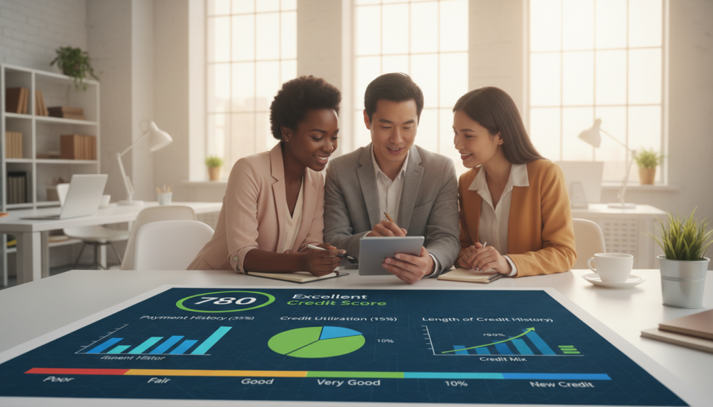 A well-organized infographic depicting the basics of credit scores in a professional and educational style. In the foreground, place a detailed credit score report with vibrant, easily readable graphs and indicators showcasing score ranges. In the middle ground, include diverse individuals in professional attire, discussing and analyzing the credit score report, emphasizing collaboration and understanding. The background features a blurred office environment with soft lighting that conveys a productive atmosphere, promoting a sense of financial empowerment. Use warm tones to create an inviting and optimistic vibe. The overall composition should be clear, focused, and visually appealing, making complex information accessible and engaging. A well-organized infographic depicting the basics of credit scores in a professional and educational style. In the foreground, place a detailed credit score report with vibrant, easily readable graphs and indicators showcasing score ranges. In the middle ground, include diverse individuals in professional attire, discussing and analyzing the credit score report, emphasizing collaboration and understanding. The background features a blurred office environment with soft lighting that conveys a productive atmosphere, promoting a sense of financial empowerment. Use warm tones to create an inviting and optimistic vibe. The overall composition should be clear, focused, and visually appealing, making complex information accessible and engaging.