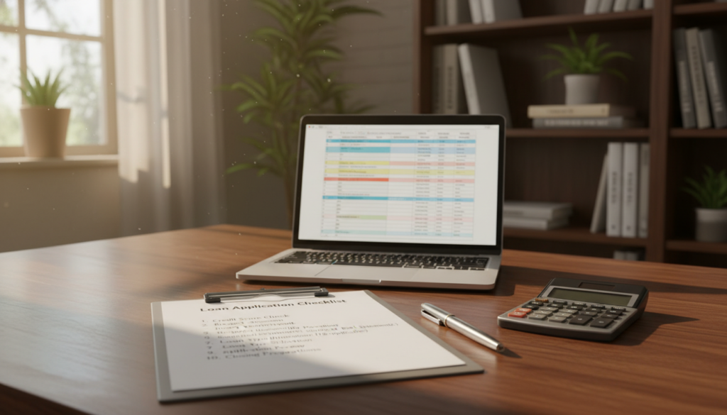 A well-organized loan checklist lying on a sleek wooden desk. The foreground showcases a clipboard with neatly printed checklist items, such as "Credit Score Check," "Budget Assessment," and "Required Documents," all clearly visible. Nearby, a stylish pen rests beside a financial calculator. In the middle ground, a laptop displays financial spreadsheets, while a soft, warm light streams through a nearby window, creating a calm and inviting atmosphere. In the background, there are potted plants and a bookshelf filled with financial books, enhancing the professional setting. The overall mood conveys clarity, focus, and preparedness, ideal for individuals seeking to organize their financial documentation for loans. The image is illuminated softly, with a focus on creating a serene environment for financial planning. A well-organized loan checklist lying on a sleek wooden desk. The foreground showcases a clipboard with neatly printed checklist items, such as "Credit Score Check," "Budget Assessment," and "Required Documents," all clearly visible. Nearby, a stylish pen rests beside a financial calculator. In the middle ground, a laptop displays financial spreadsheets, while a soft, warm light streams through a nearby window, creating a calm and inviting atmosphere. In the background, there are potted plants and a bookshelf filled with financial books, enhancing the professional setting. The overall mood conveys clarity, focus, and preparedness, ideal for individuals seeking to organize their financial documentation for loans. The image is illuminated softly, with a focus on creating a serene environment for financial planning.