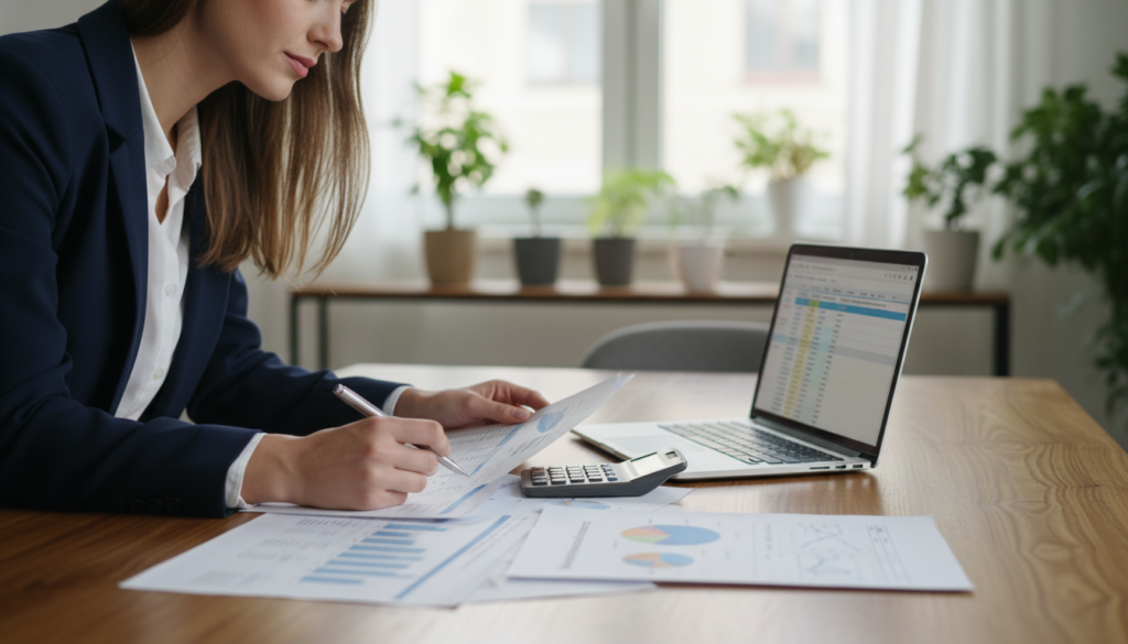 A well-organized mortgage budget laid out on a modern wooden dining table, featuring a calculator, charts, and a notepad filled with financial notes. In the foreground, a confident first-time homebuyer, a young woman in professional attire, intently reviewing her documents. The middle ground includes an open laptop displaying a detailed spreadsheet of her expenses and income. The background shows a cozy, well-lit room with houseplants, suggesting a comfortable and warm atmosphere. Soft, natural light filters in through a nearby window, creating a calm and focused mood. Capture the image with a slight depth of field to emphasize the budget details while subtly blurring the background elements for a professional look. A well-organized mortgage budget laid out on a modern wooden dining table, featuring a calculator, charts, and a notepad filled with financial notes. In the foreground, a confident first-time homebuyer, a young woman in professional attire, intently reviewing her documents. The middle ground includes an open laptop displaying a detailed spreadsheet of her expenses and income. The background shows a cozy, well-lit room with houseplants, suggesting a comfortable and warm atmosphere. Soft, natural light filters in through a nearby window, creating a calm and focused mood. Capture the image with a slight depth of field to emphasize the budget details while subtly blurring the background elements for a professional look.