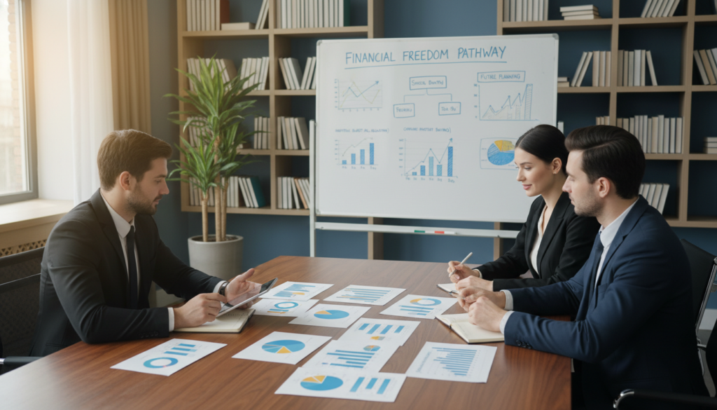 A well-organized office scene representing the concept of financial literacy. In the foreground, a diverse group of three individuals—two men and one woman—dressed in professional business attire, are engaged in a discussion around a table. They are analyzing colorful infographics and charts spread out in front of them, illustrating financial concepts like budgeting, investments, and savings. In the middle ground, a large whiteboard displays simplified financial strategies and graphs, while light from a nearby window creates a warm and inviting atmosphere. In the background, bookshelves filled with financial literature and a potted plant add to the professionalism of the setting. The mood is focused and collaborative, emphasizing the importance of financial literacy for a secure future. A well-organized office scene representing the concept of financial literacy. In the foreground, a diverse group of three individuals—two men and one woman—dressed in professional business attire, are engaged in a discussion around a table. They are analyzing colorful infographics and charts spread out in front of them, illustrating financial concepts like budgeting, investments, and savings. In the middle ground, a large whiteboard displays simplified financial strategies and graphs, while light from a nearby window creates a warm and inviting atmosphere. In the background, bookshelves filled with financial literature and a potted plant add to the professionalism of the setting. The mood is focused and collaborative, emphasizing the importance of financial literacy for a secure future.