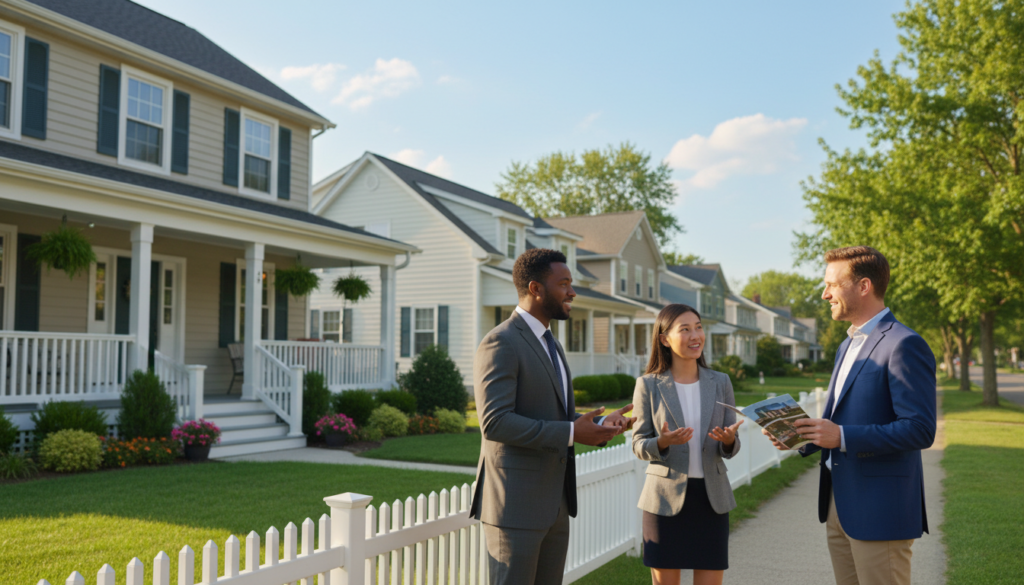 An engaging scene showcasing a sunny suburban neighborhood in the United States, featuring a charming two-story house with an inviting front porch and well-kept lawn in the foreground. In the middle ground, include a diverse group of three adults in professional business attire, discussing property options with a friendly real estate agent holding property brochures. The background should depict rows of similar houses with a clear blue sky and trees lining the street, creating a warm and welcoming atmosphere. Use soft, natural lighting to convey a sense of optimism and opportunity, with a slight depth of field focus to highlight the house and the people in conversation, set at eye level to evoke connection. An engaging scene showcasing a sunny suburban neighborhood in the United States, featuring a charming two-story house with an inviting front porch and well-kept lawn in the foreground. In the middle ground, include a diverse group of three adults in professional business attire, discussing property options with a friendly real estate agent holding property brochures. The background should depict rows of similar houses with a clear blue sky and trees lining the street, creating a warm and welcoming atmosphere. Use soft, natural lighting to convey a sense of optimism and opportunity, with a slight depth of field focus to highlight the house and the people in conversation, set at eye level to evoke connection.