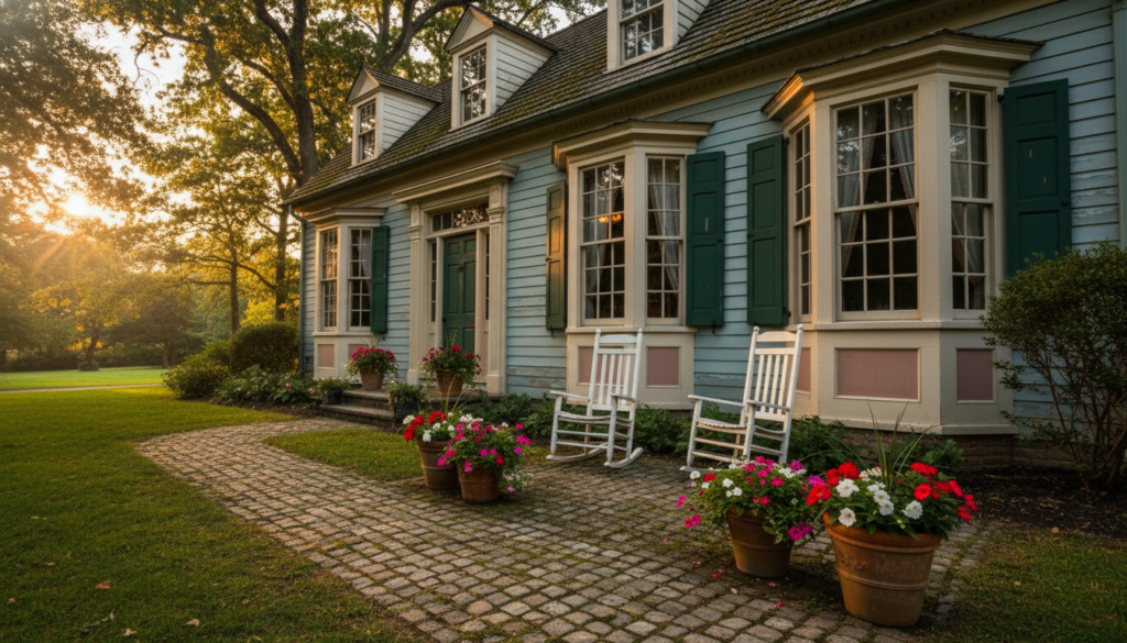 An inviting older home, showcasing classic American architecture with a weathered clapboard exterior painted in soft pastel colors. The foreground features a quaint front porch adorned with vintage rocking chairs, flower pots brimming with seasonal blooms, and a winding cobblestone path leading to the entrance. In the middle ground, the home’s charming bay windows and steeply pitched roofline draw the viewer’s eye, while aged wooden shutters frame the windows, hinting at a rich history. In the background, mature oak trees cast dappled sunlight on the lawn, creating a serene atmosphere. The image captures golden hour lighting, with warm hues bathing the scene, evoking nostalgia and the sense of timeless charm. Shot from a low angle to enhance the stature of the home, this composition radiates warmth and appeal. An inviting older home, showcasing classic American architecture with a weathered clapboard exterior painted in soft pastel colors. The foreground features a quaint front porch adorned with vintage rocking chairs, flower pots brimming with seasonal blooms, and a winding cobblestone path leading to the entrance. In the middle ground, the home’s charming bay windows and steeply pitched roofline draw the viewer’s eye, while aged wooden shutters frame the windows, hinting at a rich history. In the background, mature oak trees cast dappled sunlight on the lawn, creating a serene atmosphere. The image captures golden hour lighting, with warm hues bathing the scene, evoking nostalgia and the sense of timeless charm. Shot from a low angle to enhance the stature of the home, this composition radiates warmth and appeal.