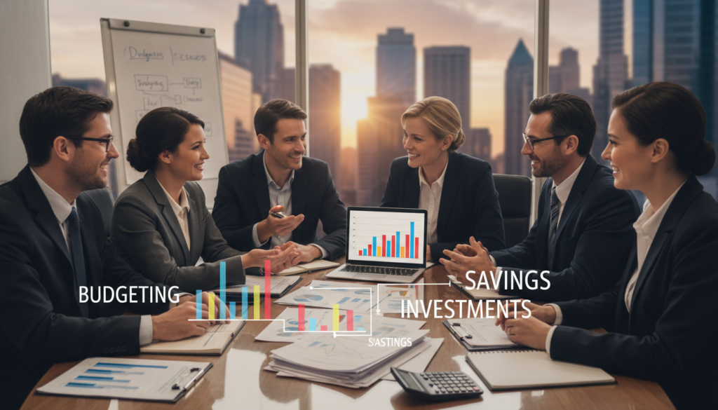 A close-up view of a diverse group of professionals in business attire, engaged in a lively discussion around a modern conference table. They are surrounded by financial documents, calculators, and digital devices displaying charts and graphs illustrating concepts of budgeting, savings, and investments. In the background, a large window showcases a bustling city skyline, symbolizing economic growth and opportunities. The lighting is warm and inviting, casting soft shadows that create a dynamic atmosphere of collaboration and learning. The scene captures the essence of financial literacy, emphasizing teamwork and communication as key components of making informed financial decisions. Shot from a slightly elevated angle to convey a sense of engagement and focus. A close-up view of a diverse group of professionals in business attire, engaged in a lively discussion around a modern conference table. They are surrounded by financial documents, calculators, and digital devices displaying charts and graphs illustrating concepts of budgeting, savings, and investments. In the background, a large window showcases a bustling city skyline, symbolizing economic growth and opportunities. The lighting is warm and inviting, casting soft shadows that create a dynamic atmosphere of collaboration and learning. The scene captures the essence of financial literacy, emphasizing teamwork and communication as key components of making informed financial decisions. Shot from a slightly elevated angle to convey a sense of engagement and focus.