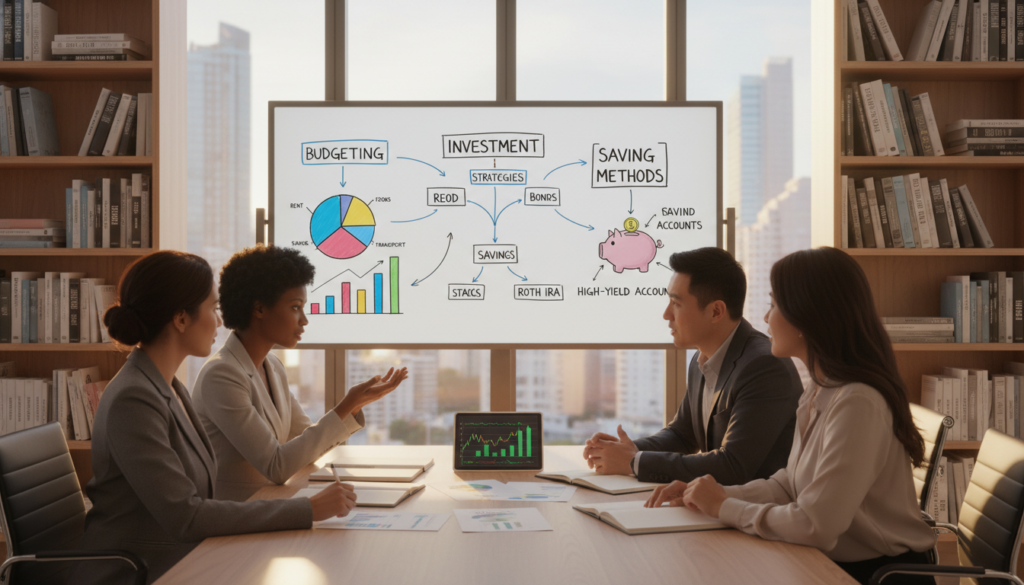 A modern office setting depicting financial literacy concepts. In the foreground, a diverse group of professionals (one Black, one Asian, one Hispanic) in professional business attire, engaged in an animated discussion around a table filled with charts and financial documents. The middle ground features a large whiteboard with colorful diagrams illustrating budgeting, investment strategies, and saving methods. The background includes bookshelves filled with finance-related books and a large window showing a city skyline, filled with soft, natural light. The overall mood is collaborative and inspiring, with bright, warm lighting enhancing a sense of professionalism and optimism about financial empowerment. Capture the image at eye level to create an intimate and engaging atmosphere. A modern office setting depicting financial literacy concepts. In the foreground, a diverse group of professionals (one Black, one Asian, one Hispanic) in professional business attire, engaged in an animated discussion around a table filled with charts and financial documents. The middle ground features a large whiteboard with colorful diagrams illustrating budgeting, investment strategies, and saving methods. The background includes bookshelves filled with finance-related books and a large window showing a city skyline, filled with soft, natural light. The overall mood is collaborative and inspiring, with bright, warm lighting enhancing a sense of professionalism and optimism about financial empowerment. Capture the image at eye level to create an intimate and engaging atmosphere.